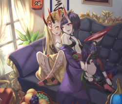 Rule 34 | alcohol, bare shoulders, blonde hair, blush, bob cut, breasts, collarbone, couch, cup, eyeliner, facial mark, fate/grand order, fate (series), forehead, forehead mark, fruit bowl, hair pulled back, headpiece, horns, ibaraki douji (fate), japanese clothes, kimono, long hair, long sleeves, makeup, ne.corn, off shoulder, oni, open mouth, purple eyes, purple hair, purple kimono, revealing clothes, sakazuki, sake, sash, short hair, shuten douji (fate), sitting, skin-covered horns, small breasts, smile, tattoo, wide sleeves, window, yellow eyes, yellow kimono