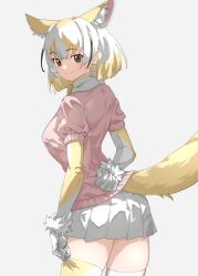 Rule 34 | 1girl, adjusting clothes, adjusting legwear, animal ear fluff, animal ears, arm behind back, blonde hair, blush, brown eyes, commentary, cowboy shot, elbow gloves, extra ears, fennec (kemono friends), fox ears, fox girl, fox tail, from behind, fur trim, gloves, grey background, hair between eyes, highres, kemono friends, looking at viewer, looking back, miniskirt, multicolored hair, pink sweater, pleated skirt, puffy short sleeves, puffy sleeves, short hair, short sleeves, sidelocks, simple background, skirt, smile, solo, sweater, tail, tanabe (fueisei), thighhighs, two-tone gloves, two-tone hair, white fur, white gloves, white hair, white skirt, yellow gloves, yellow thighhighs, zettai ryouiki