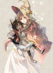 Rule 34 | 2girls, age difference, animal ears, black hair, bracelet, brown eyes, brown hair, cape, child, dark-skinned female, dark skin, dress, elbow gloves, fang, flower, gloves, hat, hat flower, holding person, itou hachi, jewelry, leggings, long hair, multiple girls, necklace, onee-loli, original, outstretched arm, red scarf, scarf, tail, white dress, white gloves, witch hat, yuri