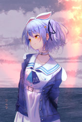 Rule 34 | 1girl, arms behind back, belt, blue hair, blue jacket, blue neckerchief, blue ribbon, blush, carrot hair ornament, choker, closed mouth, commentary request, dated, dress, earrings, food-themed hair ornament, hair ornament, hair ribbon, highres, hololive, jacket, jewelry, long sleeves, looking away, looking to the side, multicolored hair, neckerchief, ocean, open clothes, open jacket, outdoors, rabbit earrings, red eyes, ribbon, sailor collar, smile, solo, standing, streaked hair, thick eyebrows, two side up, usada pekora, usada pekora (casual), virtual youtuber, white belt, white choker, white dress, white hair, white sailor collar, yoruillust