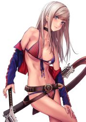 Rule 34 | 1girl, abs, ammunition belt, applekun, asymmetrical clothes, belt, bikini, black choker, blue eyes, blue jacket, blush, breasts, brown belt, choker, cleavage, closed mouth, commentary, fate/grand order, fate (series), feet out of frame, gunblade, hair down, highres, jacket, long hair, looking at viewer, medium breasts, mismatched bikini, miyamoto musashi (fate), miyamoto musashi (fate/grand order), miyamoto musashi (swimsuit berserker) (fate), miyamoto musashi (swimsuit berserker) (second ascension) (fate), navel, off shoulder, open clothes, open jacket, red bikini, silver hair, simple background, skindentation, smile, solo, star (symbol), star print, stomach, string bikini, striped bikini, striped clothes, swept bangs, swimsuit, toned, vertical-striped bikini, vertical-striped clothes, weapon, white background