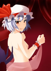 Rule 34 | 1girl, :p, akaneman, ass, back, bad id, bad pixiv id, bat wings, blush, breasts, futanari, hat, highres, looking back, mob cap, naughty face, nipples, nude, penis, red eyes, remilia scarlet, sash, see-through, small breasts, smile, solo, tongue, tongue out, touhou, upper body, wings, wrist cuffs