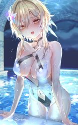 Rule 34 | 1girl, absurdres, bare shoulders, black one-piece swimsuit, blonde hair, breasts, cleavage, clothing cutout, collarbone, commentary, eyelashes, flower, genshin impact, groin, hair between eyes, hair flower, hair ornament, highres, large breasts, leaning forward, looking at viewer, lumine (genshin impact), navel, navel cutout, o-ring, o-ring swimsuit, one-piece swimsuit, open mouth, pool, pottsness, short hair with long locks, skindentation, solo, swimsuit, teeth, thigh gap, thighs, twitter username, two-tone swimsuit, upper teeth only, wading, water, wet, white flower, white one-piece swimsuit, yellow eyes
