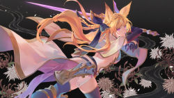 Rule 34 | 1girl, animal ears, backless outfit, black gloves, blonde hair, bow, braid, detached sleeves, erune, floral background, from behind, gloves, granblue fantasy, hair bow, highres, holding, holding sword, holding weapon, kiriyama2109, long hair, low-tied long hair, purple eyes, sword, thighhighs, weapon, yuisis (granblue fantasy)