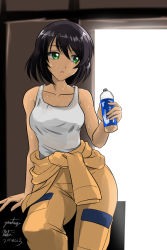 Rule 34 | 10s, 1girl, arm support, artist name, backlighting, bottle, brown hair, clothes pull, collarbone, commentary, dark skin, dark-skinned female, dated, girls und panzer, green eyes, holding, hoshino (girls und panzer), jumpsuit, long sleeves, looking to the side, matsui yasutsugu, mechanic, one-hour drawing challenge, orange jumpsuit, parted lips, shirt, shirt pull, short hair, signature, sitting, solo, sweat, tank top, tied shirt, tomboy, water bottle, white shirt