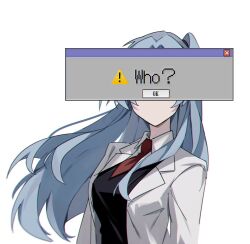 Rule 34 | !, 1girl, angela (project moon), black vest, chromatic aberration, coat, collared shirt, covered eyes, dialogue box, error message, grey hair, hair intakes, highres, lab coat, lapels, lobotomy corporation, long hair, microsoft windows, mu46016419, necktie, no mouth, no nose, one side up, open clothes, open coat, project moon, red necktie, shirt, simple background, solo, upper body, vest, white background, white coat, white shirt