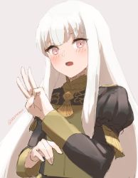 Rule 34 | 1girl, blush, epaulettes, fire emblem, fire emblem: three houses, jacket, long hair, long sleeves, looking at viewer, lysithea von ordelia, nintendo, open mouth, pink eyes, purple eyes, simple background, skeptycally, smile, solo, uniform, upper body, white background, white hair