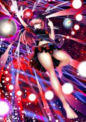 Rule 34 | 1girl, arm up, artist name, barefoot, black panties, black shirt, black skirt, breasts, chain, clothes writing, danmaku, dress, earth (ornament), energy, energy ball, english text, floating, from below, glowing, gradient background, grid, hand up, heart, heart print, hecatia lapislazuli, hexagram, highres, legs, light, light particles, looking down, magic circle, middle finger, midriff, midriff peek, miniskirt, moon (ornament), multicolored clothes, multicolored dress, navel, open hand, open mouth, outstretched arm, palinus, panties, pantyshot, perspective, punkish gothic, red eyes, red hair, shirt, short sleeves, skirt, solo, space, splatter, star of david, stomach, striped, striped background, teeth, thighs, toenails, touhou, underwear, watermark, web address