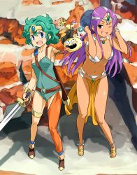 Rule 34 | 2girls, anklet, armlet, armor, bikini, bikini armor, bikini top only, blue eyes, bracelet, breasts, brown eyes, circlet, cleavage, commentary request, curly hair, dancer, dancer&#039;s costume (dq), dark-skinned female, dark skin, dragon quest, dragon quest iv, gloves, green hair, heroine (dq4), imaichi, jewelry, leotard, loincloth, long hair, looking at viewer, manya (dq4), medium breasts, monster, multiple girls, open mouth, pelvic curtain, purple hair, short hair, smile, standing, swimsuit, sword, thighlet, weapon