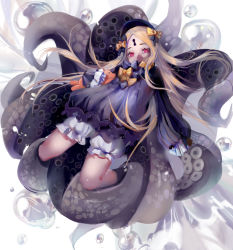 Rule 34 | 1girl, abigail williams (fate), absurdres, black bow, black dress, black headwear, black legwear, blonde hair, bloomers, bow, bubble, commentary, covered mouth, dress, fate/grand order, fate (series), forehead, hair bow, highres, holding, holding stuffed toy, keyhole, long hair, looking at viewer, multiple hair bows, orange bow, parted bangs, qing yu, red eyes, sidelocks, sleeves past fingers, sleeves past wrists, solo, stuffed animal, stuffed toy, teddy bear, tentacles, underwear, very long hair, white background, white bloomers