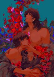 2boys axis_powers_hetalia bare_pectorals blue_eyes brown_hair bug butterfly corvusnemo crying dark-skinned_male dark_skin flower highres insect male_focus medium_hair multiple_boys navel nipples partially_undressed pectorals plant portugal_(hetalia) spain_(hetalia) wavy_hair yaoi