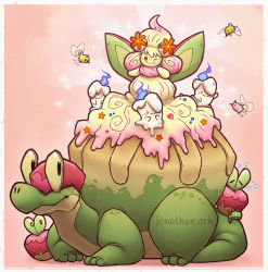 Rule 34 | ;), alcremie, alcremie (flower sweet), alcremie (ruby swirl), alternate color, appletun, applin, closed mouth, commentary, creature, creatures (company), cutiefly, english commentary, flying, full body, game freak, gen 5 pokemon, gen 7 pokemon, gen 8 pokemon, highres, jonathan-ark, litwick, looking at viewer, nintendo, no humans, one eye closed, pink background, pokemon, pokemon (creature), shiny pokemon, signature, simple background, smile