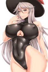 Rule 34 | 10s, 1girl, akitsuki karasu, black one-piece swimsuit, blush, breasts, cleavage, cleavage cutout, clothing cutout, covered erect nipples, covered navel, curvy, female focus, granblue fantasy, grey eyes, hat, highleg, highleg leotard, highres, huge breasts, impossible clothes, large breasts, leotard, long hair, looking at viewer, magisa (granblue fantasy), one-piece swimsuit, silver hair, skin tight, smile, solo, swimsuit, thong leotard, underboob cutout, wide hips, witch hat