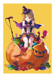 Rule 34 | 1girl, arms at sides, bare shoulders, bat (animal), bat ornament, bat wings, bow, bowtie, brown eyes, buttons, candy, capelet, commentary, drill hair, earrings, food, frown, halloween, halloween costume, hat, hat bow, highres, idol, idolmaster, idolmaster cinderella girls, jack-o&#039;-lantern, jelly bean, jewelry, light brown hair, lollipop, long hair, looking away, looking to the side, microphone, microphone stand, mini hat, morikubo nono, okeno kamoku, on food, orange bow, oversized food, oversized object, parted lips, puffy shorts, pumpkin, pumpkin shorts, red bow, red bowtie, ringlets, shorts, signature, simple background, sitting, solo, stud earrings, sweatdrop, wings, witch hat, wrapped candy, yellow background