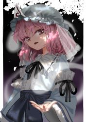 Rule 34 | 1girl, :d, arm garter, arms at sides, black ribbon, blue bow, blue hat, blue kimono, bow, commentary, eyebrows hidden by hair, frilled shirt collar, frills, ghost, hat, highres, japanese clothes, kimono, looking at viewer, medium hair, mob cap, obi, open hand, open mouth, pink eyes, pink hair, ribbon, ribbon trim, saigyouji yuyuko, sash, smile, solo, suna (s73d), touhou, triangular headpiece, upper body, waist bow