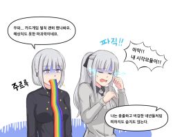 Rule 34 | 2girls, ak-12 (girls&#039; frontline), breasts, check translation, commentary, english commentary, girls&#039; frontline, korean text, long hair, medium breasts, medium hair, multiple girls, open mouth, purple eyes, rpk-16 (girls&#039; frontline), selby, sidelocks, silver hair, sparkle, speech bubble, tearing up, translation request, turn pale, vomiting rainbows, white background
