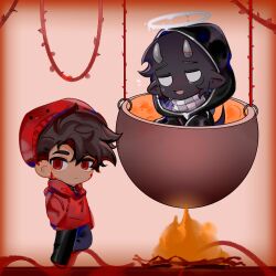 2boys absurdres badboyhalo beanie black_hair black_skin blood_vines_(dream_smp) brown_hair chibi chibi_only chinese_commentary cihuabinggan colored_skin commentary_request cooking dark-skinned_male dark_skin demon_boy demon_horns demon_wings dream_smp halo hat highres hood hoodie horns humanization lava looking_at_viewer male_focus melting_halo minecraft_youtube monster_boy multiple_boys official_alternate_color open_mouth pointy_ears red_hat red_hoodie short_hair skeppy white_eyes wings