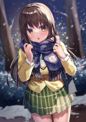 Rule 34 | 1girl, :o, bare tree, blazer, blue scarf, brown eyes, brown hair, commentary request, fringe trim, green skirt, gyozanuko, highres, jacket, kotegawa yui, long hair, long sleeves, looking at viewer, night, night sky, open mouth, outdoors, pleated skirt, scarf, school uniform, shirt, skirt, sky, snow, snowing, solo, to love-ru, tree, very long hair, white shirt, yellow jacket