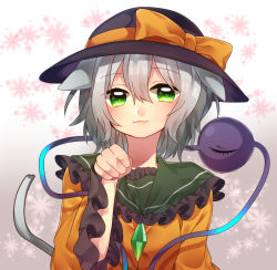 Rule 34 | 1girl, :3, animal ears, bow, cat ears, cat tail, eyeball, floral background, frilled sleeves, frills, green eyes, hair between eyes, hat, hat bow, hat ribbon, jewelry, kemonomimi mode, komeiji koishi, long sleeves, looking at viewer, paw pose, renka (sutegoma25), ribbon, short hair, silver hair, smile, solo, tail, third eye, touhou, upper body, wide sleeves