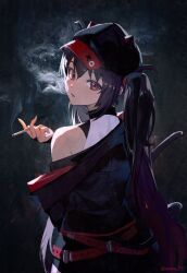 Rule 34 | 1girl, black hat, cigarette, hat, highres, holding, holding cigarette, looking at viewer, smoke trail, sooon, virtual youtuber