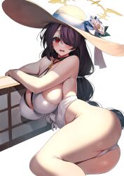 Rule 34 | 1girl, absurdres, ass, black hair, blue archive, blush, breasts, commentary request, flower hat, hair over one eye, halo, hat, highres, hinata (blue archive), hinata (swimsuit) (blue archive), large breasts, long hair, looking at viewer, official alternate costume, one-piece swimsuit, open mouth, red eyes, simple background, solo, swimsuit, thighs, wavy mouth, white background, white one-piece swimsuit, yamanokami eaka, yellow halo, yellow hat
