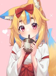 Rule 34 | 1girl, absurdres, animal ear fluff, animal ears, blonde hair, blue hair, bow, breasts, bubble tea, commentary request, cup, disposable cup, drinking, drinking straw, fox ears, fox girl, fox tail, hair bow, hakama, hakama skirt, heart, highres, holding, holding cup, indie virtual youtuber, japanese clothes, kimono, looking at viewer, medium breasts, multicolored hair, pink background, red bow, red eyes, red hakama, sakura chiyo (konachi000), short eyebrows, simple background, skirt, solo, sparkle, tail, thick eyebrows, two-tone hair, unaligned ears, virtual youtuber, white kimono, yamano kayo