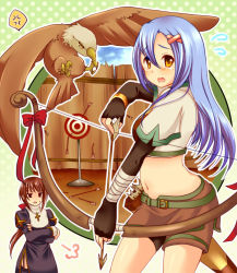 Rule 34 | 2girls, anger vein, arrow (projectile), bird, black dress, black gloves, black thighhighs, blue hair, blush, bow, bow (weapon), breasts, brown eyes, brown hair, brown shirt, brown shorts, brown skirt, commentary request, cowboy shot, crop top, cropped jacket, cross, cross necklace, crossed arms, dress, eagle, elbow gloves, fingerless gloves, flying sweatdrops, garter straps, gloves, habit, hair bow, holding, holding bow (weapon), holding weapon, hunter (ragnarok online), jacket, jewelry, juliet sleeves, long sleeves, looking at viewer, medium breasts, menokonome, midriff, miniskirt, multiple girls, navel, necklace, open mouth, ponytail, priest (ragnarok online), puffy sleeves, ragnarok online, red bow, shirt, short shorts, short sleeves, shorts, shorts under skirt, skirt, spoken anger vein, target, target practice, tearing up, thighhighs, weapon, white jacket, yellow eyes