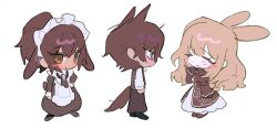 1boy 2girls animal_ears apron blush brown_dress brown_eyes brown_hair brown_pants catherine_(project_moon) chibi chibi_only closed_eyes closed_mouth dress full_body heathcliff_(project_moon) huyj_cl juliet_sleeves limbus_company long_hair long_sleeves maid maid_apron maid_headdress multiple_girls nelly_(project_moon) pants project_moon puffy_sleeves rabbit_ears rabbit_tail simple_background smile tail white_background wolf_ears wolf_tail