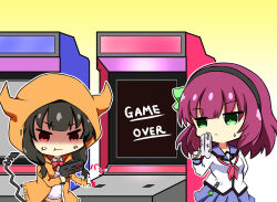 Rule 34 | 2girls, :&lt;, angel beats!, anger vein, angry, arcade, asakura karen (heaven burns red), black hair, black hairband, blue sailor collar, blunt bangs, bright pupils, chibi, chibi only, closed mouth, commentary request, cowboy shot, frown, game over, green eyes, gun, hairband, hand up, handgun, heaven burns red, highres, holding, holding gun, holding weapon, hood, hood up, hooded jacket, jacket, jitome, long sleeves, low twintails, motion lines, multiple girls, nakamura yuri, neckerchief, open clothes, open jacket, orange jacket, pink neckerchief, pout, purple hair, red eyes, sailor collar, sekibaracheice, shaded face, shinda sekai sensen uniform, shirt, simple background, sound effects, sweatdrop, twintails, v-shaped eyebrows, wavy mouth, weapon, white pupils, white shirt, yellow background
