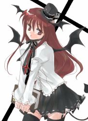 Rule 34 | 1girl, alternate costume, ascot, bat wings, black thighhighs, book, coco (artist), cross, demon tail, embodiment of scarlet devil, female focus, frills, garter straps, hat, head tilt, head wings, holding, holding book, inverted cross, koakuma, lace, long hair, long sleeves, looking at viewer, mini hat, mini top hat, red eyes, red hair, shirt, simple background, skirt, solo, tail, thighhighs, top hat, touhou, v arms, white background, white shirt, wings, zettai ryouiki