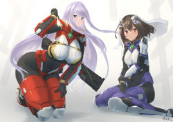 Rule 34 | 2girls, atsajh, black gloves, blue eyes, blush, bodysuit, breasts, brown hair, commission, covered navel, floating hair, gloves, grey background, gun, hand on own thigh, highres, holstered, large breasts, long hair, looking down, looking to the side, medium breasts, multiple girls, original, pilot suit, red eyes, short hair, skeb commission, skin tight, very long hair, weapon