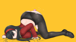 Rule 34 | 1girl, all fours, amagi yukiko, ass, atlus, back, black eyes, black hair, black pantyhose, blush, breasts, covered erect nipples, crotch seam, flats, full body, hairband, highres, large breasts, libre, long hair, object insertion, open mouth, panties, panties under pantyhose, pantyhose, persona, persona 4, pussy juice, saliva, sex toy, shoes, simple background, solo, tears, top-down bottom-up, torn clothes, torn pantyhose, underwear, vibrator, yellow background