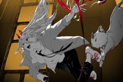 Rule 34 | 1girl, 1other, black necktie, black pants, building, cat, chainsaw man, collared shirt, erotipop, falling, grey hair, grey jacket, hair between eyes, hemokinesis, highres, horns, jacket, long hair, looking to the side, meowy (chainsaw man), midair, monochrome, necktie, open mouth, pants, power (chainsaw man), red horns, sharp teeth, shirt, shirt partially tucked in, small horns, spot color, teeth, white cat, white shirt, yellow background