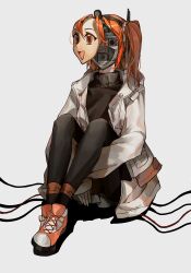 Rule 34 | 1girl, a.i. voice, absurdres, adachi rei, android, black leggings, black sweater, cable, feiwusheng, full body, gloves, hair ornament, hair ribbon, hairclip, headlamp, headphones, highres, hugging own legs, jacket, knees up, leggings, long sleeves, mechanical parts, one side up, open clothes, open jacket, open mouth, orange eyes, orange footwear, orange hair, radio antenna, ribbon, screw hair ornament, shoes, simple background, sitting, smile, sneakers, solo, staring, sweater, turtleneck, turtleneck sweater, utau, white background, white gloves, white jacket, white ribbon, wide-eyed