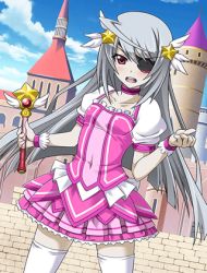 Rule 34 | 10s, 1girl, ahoge, cloud, collarbone, covered navel, day, dress, eyepatch, hair ornament, holding, infinite stratos, laura bodewig, long hair, lowres, magical girl, open mouth, outdoors, pink dress, pleated dress, silver hair, solo, thighhighs, white thighhighs, wristband