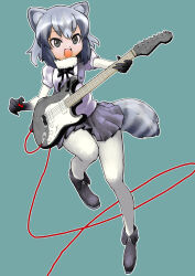 Rule 34 | 1girl, absurdres, animal ears, arairestaurant, black bow, black bowtie, black footwear, black gloves, black skirt, blue sweater, blush, boots, bow, bowtie, common raccoon (kemono friends), elbow gloves, electric guitar, fang, fur collar, gloves, gradient gloves, grey eyes, grey hair, guitar, hair between eyes, highres, instrument, kemono friends, multicolored hair, open mouth, pantyhose, pleated skirt, plectrum, puffy short sleeves, puffy sleeves, raccoon ears, raccoon girl, raccoon tail, short hair, short sleeves, sidelocks, skirt, smile, solo, sweater, tail, white fur, white gloves, white pantyhose
