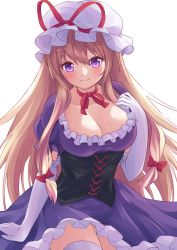 Rule 34 | 1girl, bad id, bad pixiv id, blonde hair, blush, bow, breasts, choker, cleavage, closed mouth, collarbone, corset, dress, elbow gloves, frills, gloves, hair between eyes, hair bow, hair ribbon, hand on own chest, hand up, hat, hat ribbon, large breasts, long hair, looking at viewer, mob cap, neck ribbon, purple dress, purple eyes, ramie (ramie541), red bow, red ribbon, revision, ribbon, ribbon choker, simple background, smile, solo, touhou, tress ribbon, very long hair, white background, white gloves, white hat, yakumo yukari