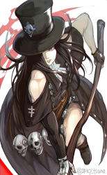 Rule 34 | 1other, androgynous, ascot, bare shoulders, black hair, boots, choker, fingerless gloves, gloves, guilty gear, guilty gear strive, hat, highres, holding, long hair, looking at viewer, red eyes, scythe, simple background, skull, solo, testament (guilty gear), top hat, tsuna (akmu8832), weapon