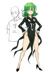 Rule 34 | 1boy, 1girl, bald, bam.g, black dress, breasts, covered navel, dress, flipped hair, full body, green eyes, green hair, hands on own hips, high heels, highres, one-punch man, saitama (one-punch man), short hair, side slit, simple background, small breasts, tatsumaki, white background