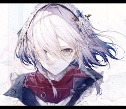 Rule 34 | 1girl, blue eyes, blue jacket, braid, bright pupils, character request, check character, cropped shoulders, eyes visible through hair, flower, frills, hair between eyes, hair flower, hair ornament, hair over one eye, highres, hito komoru, izayoi sakuya, jacket, letterboxed, looking at viewer, maid headdress, parted lips, portrait, red scarf, scarf, short hair, side braids, silver hair, simple background, solo, touhou, twin braids, white background, white pupils