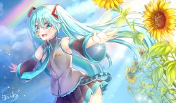 Rule 34 | 1girl, artist name, blue eyes, blue hair, cloud, day, detached sleeves, flower, hatsune miku, light rays, long hair, mashiro aa, necktie, open mouth, outstretched arms, rainbow, skirt, sky, solo, spread arms, sunbeam, sunflower, sunlight, twintails, very long hair, vocaloid