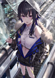 Rule 34 | 1girl, absurdres, black hair, black jacket, blue hair, building, city, collared shirt, commentary, cropped shirt, drain (object), fur-trimmed jacket, fur trim, gradient hair, highres, holding, holding umbrella, ichinose uruha, industrial pipe, jacket, long sleeves, lupinus virtual games, multicolored clothes, multicolored hair, multicolored skirt, navel, purple eyes, rain, rooftop, scaffolding, shakkiyi, shirt, skirt, standing, strap, transparent, transparent umbrella, umbrella, virtual youtuber, vspo!, white shirt