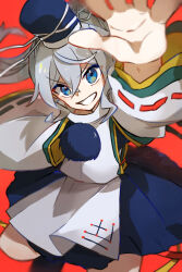 Rule 34 | 1girl, black hat, black skirt, blue eyes, dagasitotaiyou, grey hair, hat, japanese clothes, kariginu, long sleeves, looking at viewer, mononobe no futo, pom pom (clothes), ponytail, reaching, reaching towards viewer, red background, ribbon-trimmed sleeves, ribbon trim, simple background, skirt, smile, solo, tate eboshi, touhou, v-shaped eyebrows