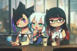 Rule 34 | 3girls, :d, :|, ;), aqua eyes, black-framed eyewear, black choker, black hair, blunt bangs, borrowed character, breasts, brown eyes, bubble tea, choker, cleavage, closed mouth, collarbone, commentary, cropped jacket, cup, digitan (porforever), disposable cup, electric plug, english commentary, glasses, gradient hair, hand on own chin, highres, indoors, long hair, looking at viewer, medium breasts, multicolored hair, multiple girls, off shoulder, one eye closed, open mouth, original, porforever, purple eyes, purple hair, red hair, shirt, sleeveless, sleeveless shirt, smile, star-shaped pupils, star (symbol), streaked hair, symbol-shaped pupils, table, two-tone hair, w, watch, white hair, window, wristwatch