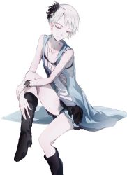 Rule 34 | 1girl, absurdres, black footwear, boots, closed mouth, feason, grey eyes, hair ornament, highres, jewelry, kyokugen dasshutsu, looking down, necklace, phi (kyokugen dasshutsu), short hair, simple background, sitting, solo, white background, white hair, zero escape: toki no jirenma