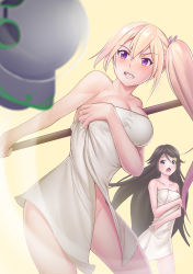 Rule 34 | 10s, 2girls, :o, alternate costume, bad id, bad pixiv id, black hair, blonde hair, blue eyes, blurry, blush, breasts, cleavage, clenched teeth, collarbone, covering privates, covering breasts, depth of field, floating, floating object, gradient hair, groin, hair between eyes, hair ornament, hair ribbon, highres, holding, izumi reina, kawakami mai, klon, large breasts, long hair, looking away, mole, mole under eye, motion lines, multicolored hair, multiple girls, musaigen no phantom world, naked towel, purple eyes, ribbon, side ponytail, simple background, swinging, teeth, towel, very long hair, yellow background