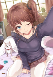 Rule 34 | 1girl, :q, blue eyes, blush, breasts, brown hair, brown skirt, cat, closed mouth, day, dutch angle, hair ornament, hair scrunchie, highres, indoors, kasai shin, large breasts, long sleeves, looking at viewer, miniskirt, on bed, one eye closed, original, plaid, plaid skirt, pleated skirt, reaching, reaching towards viewer, ribbed sweater, scrunchie, selfie, side ponytail, sitting, skirt, smile, solo, sweater, thighhighs, tongue, tongue out, tsurime, wariza, white thighhighs