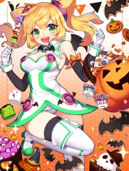 Rule 34 | 10s, 1girl, :d, ango, ankkoyom, bad id, bad pixiv id, bare shoulders, blonde hair, breasts, cleavage, cookie, food, gloves, green eyes, hacka doll, hacka doll 1, highres, jack-o&#039;-lantern, looking at viewer, mashiro miru, open mouth, smile, solo, sprinkles, teeth, thighhighs, twintails, white gloves