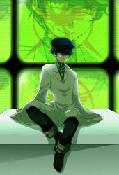 Rule 34 | 1girl, androgynous, atlus, blue hair, chamame, crossdressing, dark persona, female focus, lab coat, looking at viewer, necktie, pants, persona, persona 4, reverse trap, scanlines, shadow (persona), shirogane naoto, shoes, sitting, smile, solo, television, yellow eyes, zoom layer