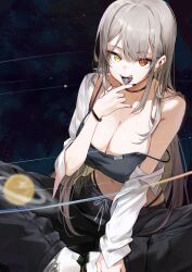 Rule 34 | 1girl, baggy pants, black nails, black pants, black tank top, blurry, blurry foreground, bracelet, breasts, butterfly sitting, cleavage, crop top, ear piercing, earth (planet), from above, goomrrat, grey hair, heterochromia, highleg, highleg panties, highres, jewelry, large breasts, long hair, looking at viewer, navel, necklace, off shoulder, open mouth, orange eyes, original, panties, pants, piercing, planet, shirt, single bare shoulder, sitting, sky, solar system, star (sky), starry sky, strap slip, tank top, underwear, white footwear, white shirt, yellow eyes